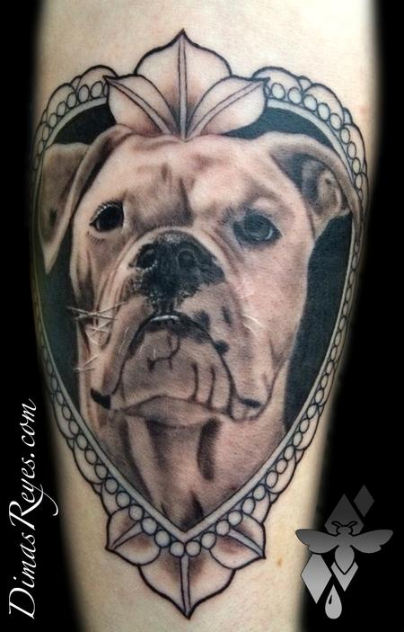 Tattoos - Black and Grey Dog Portrait Frame Tattoo - 117854