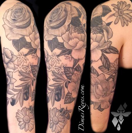 Tattoos - Black and Grey Flowers Tattoo - 119320