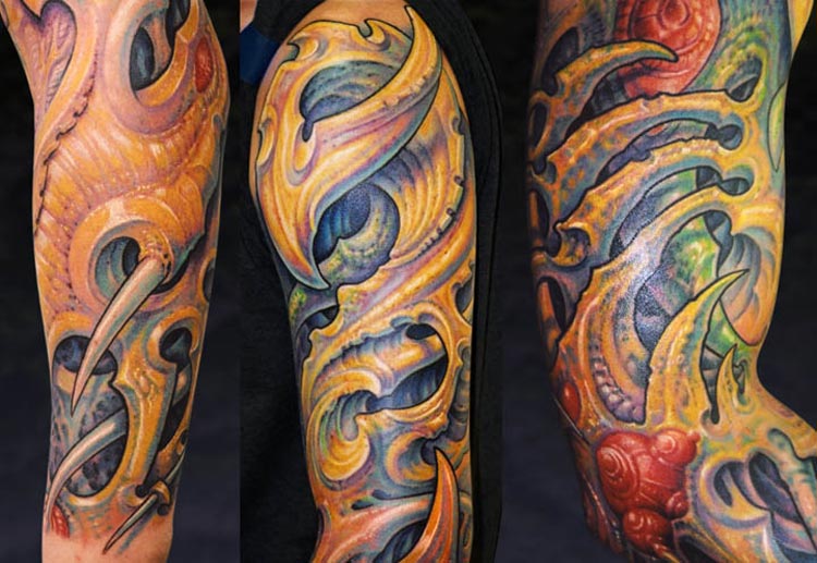 Grey Color 3D Biomechanical Tattoo On Left Arm