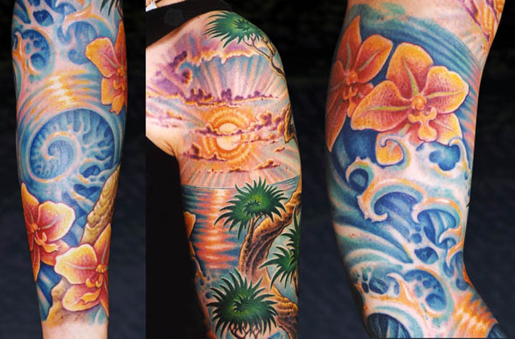 Minimalistic sea sunset tattoo done on the bicep