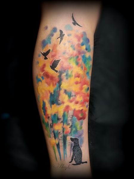 Tattoos - Watercolor Trees with Dog & Birds silhouettes tattoo by Haylo  - 141142