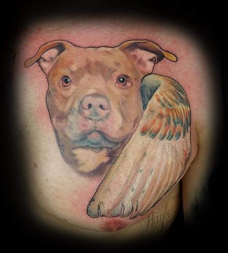 Tattoos - Pit bull memorial portrait with wings tattoo - 141102