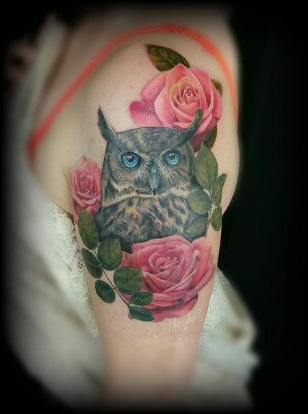 Tattoos - Realistic color owl with roses half sleeve custom piece - 126551