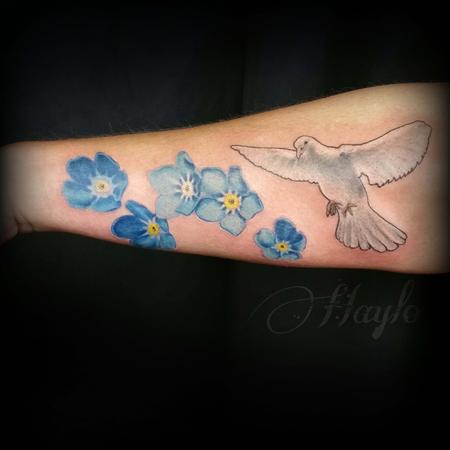 Tattoos - Realistic Dove with forget me not flowers - 103894