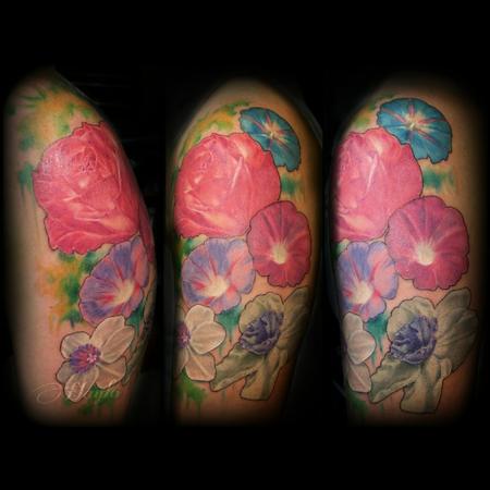 Tattoos - Realism Floral with Roses, morning glory, and jonquil with watercolor accents  - 103841