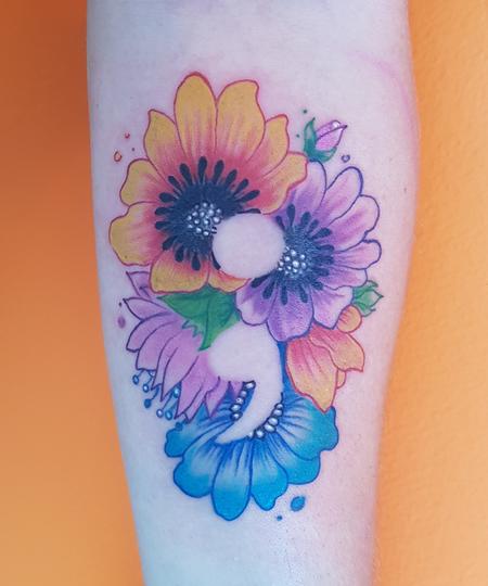 Tattoos - Flowers and Semicolon Feminine Color Tattoo - 127326