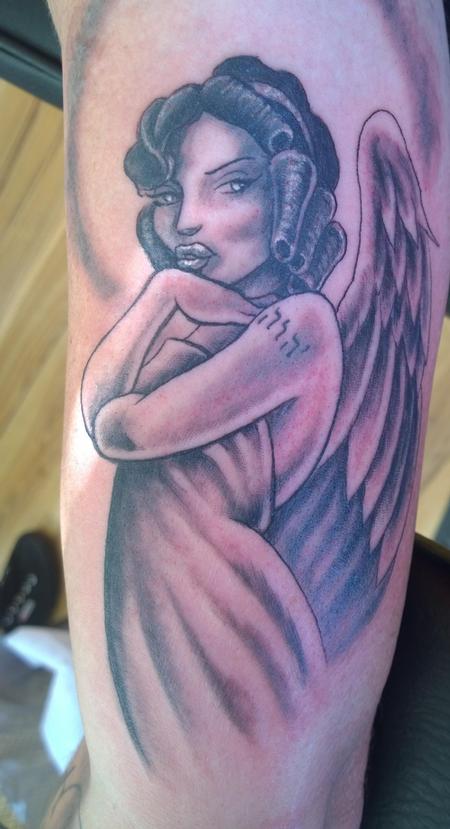 Tattoos - Feminine Angel Black and Gray Angel Tattoo  - 116153