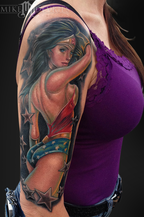 Color Wonder Woman Calf Tattoo by David Mushaney TattooNOW