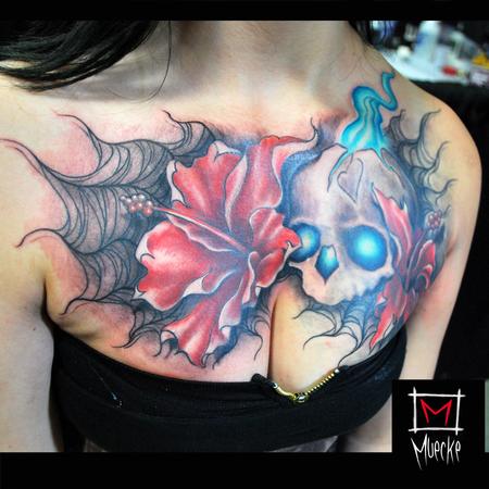 Tattoos - Muecke Chest piece tattoo skull spiderweb rose flowers girl ink - 89049