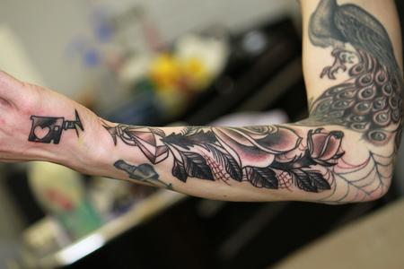 Tattoos - blackandgrey roses peacock - 80569