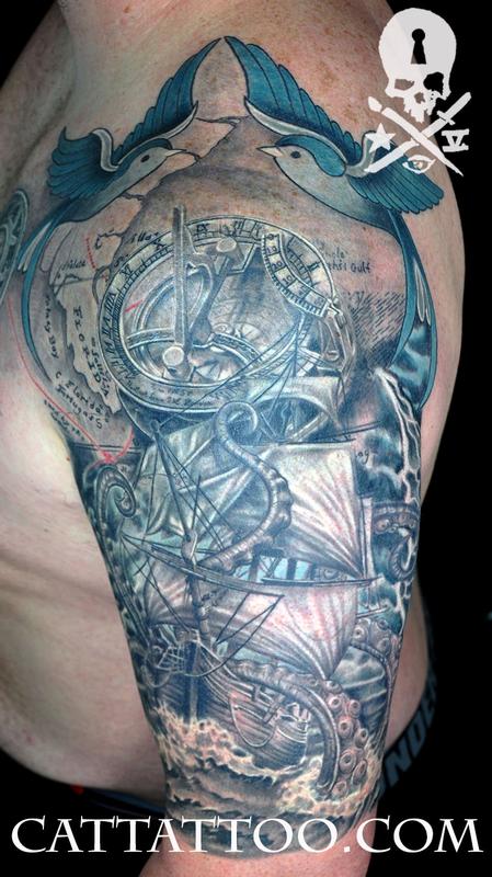 Ship Kraken Sundial Compass Sleeve by Terry Mayo: TattooNOW